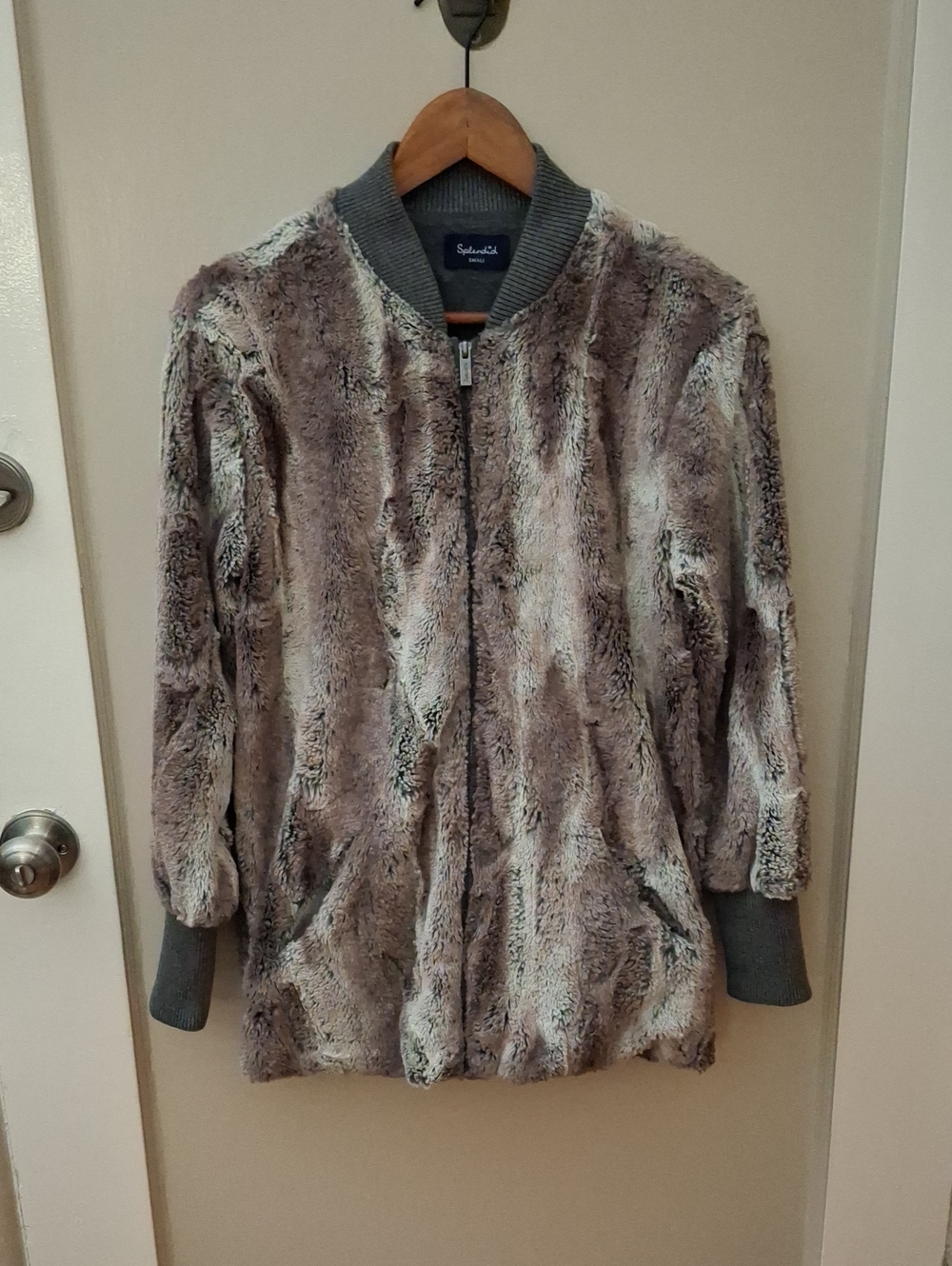 Splendid Faux Fur Bomber Jacket in Taupe and Cream Fully Lined_1